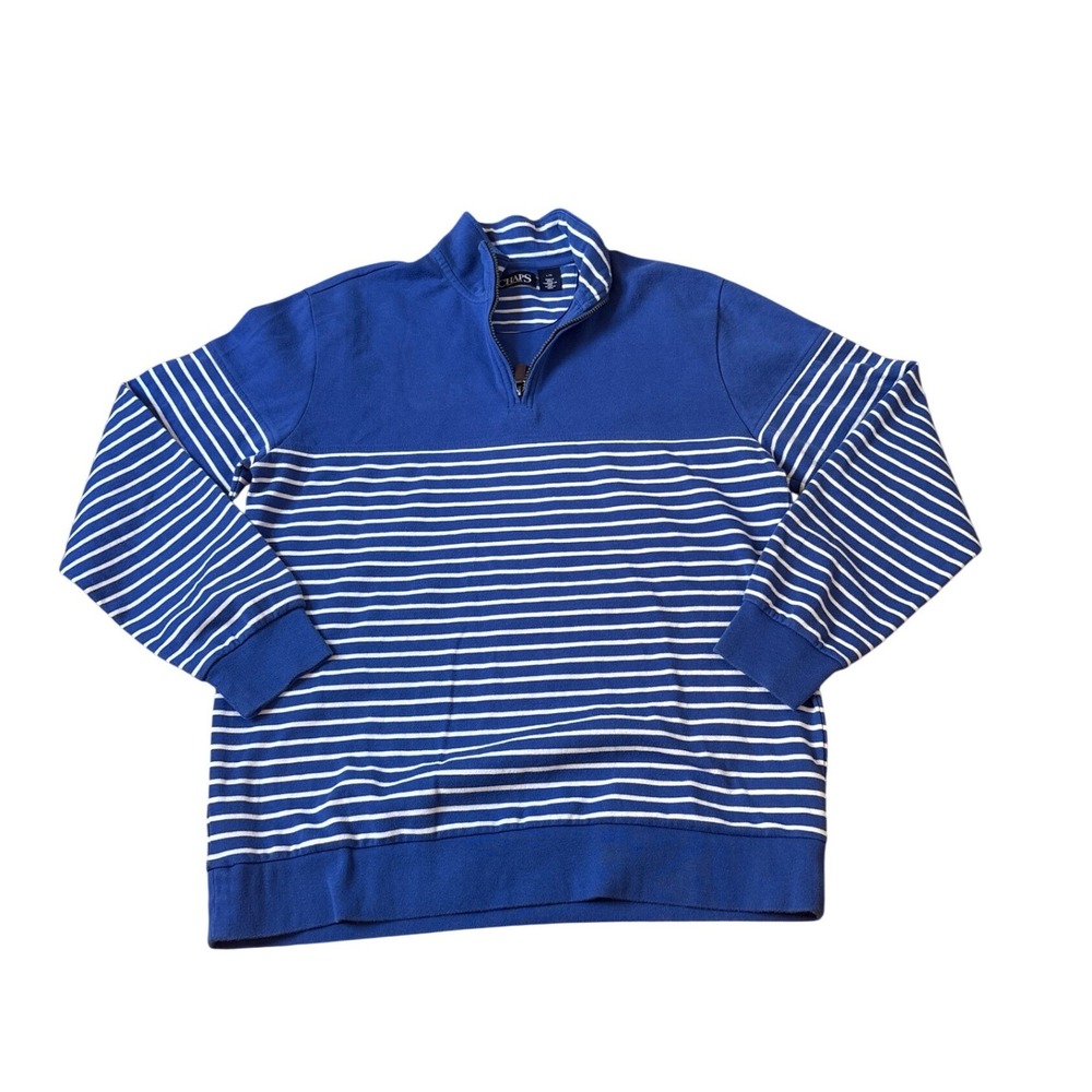 Chaps Quarter Zip Pullover Mens Blue White Striped Nautical Preppy SIZE Large